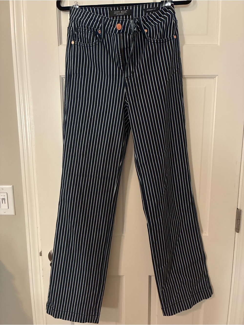 Judy Blue Navy and White Vertical Stripe Straight Leg Jeans